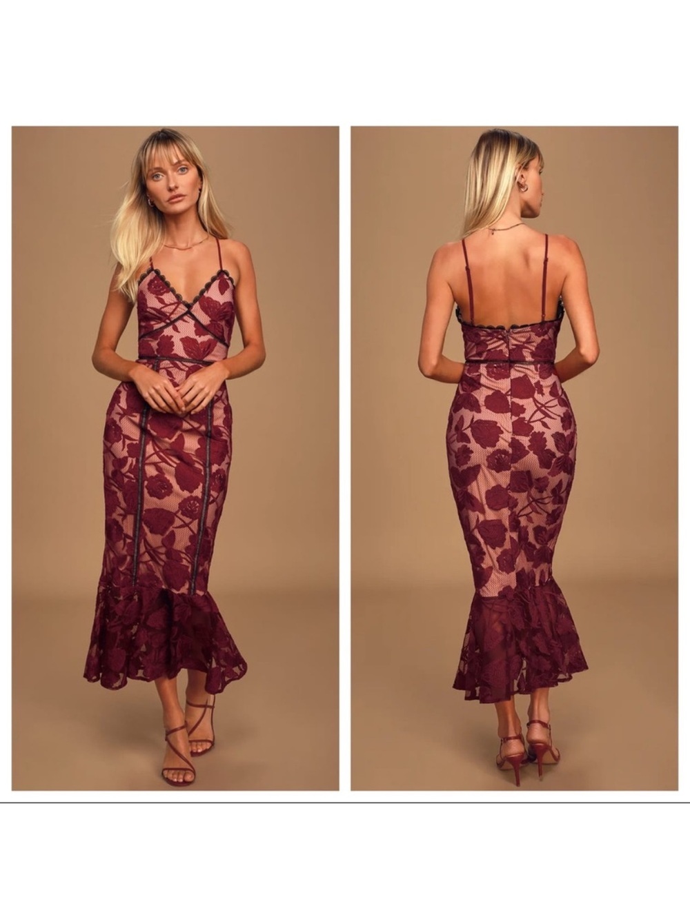 Lulus Alluring Dream Burgundy Floral Mesh Lace Trumpet Midi Dress Size S